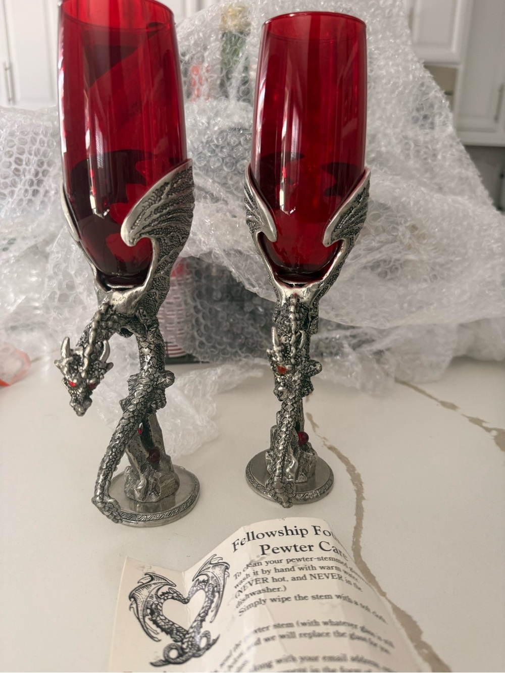 Dragon Pewter Stem Red Goblet - Decorative Home Accents